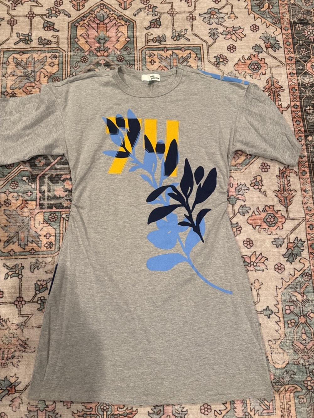 Gray Graphic T-Shirt Dress with Blue & Navy Leaf Print